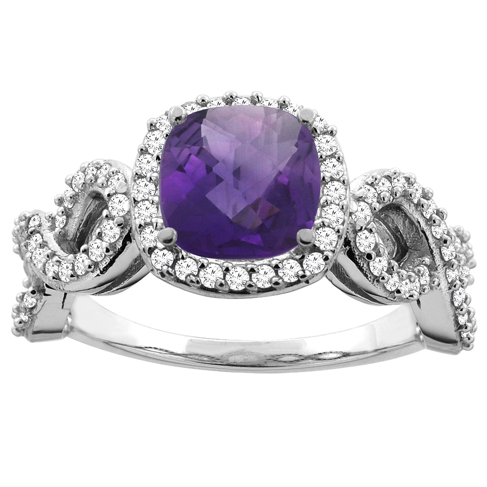 14K White Gold Natural 7mm Cushion Cut Amethyst Engagement Ring for Women Eternity Pattern Diamond Accent sizes 5-10