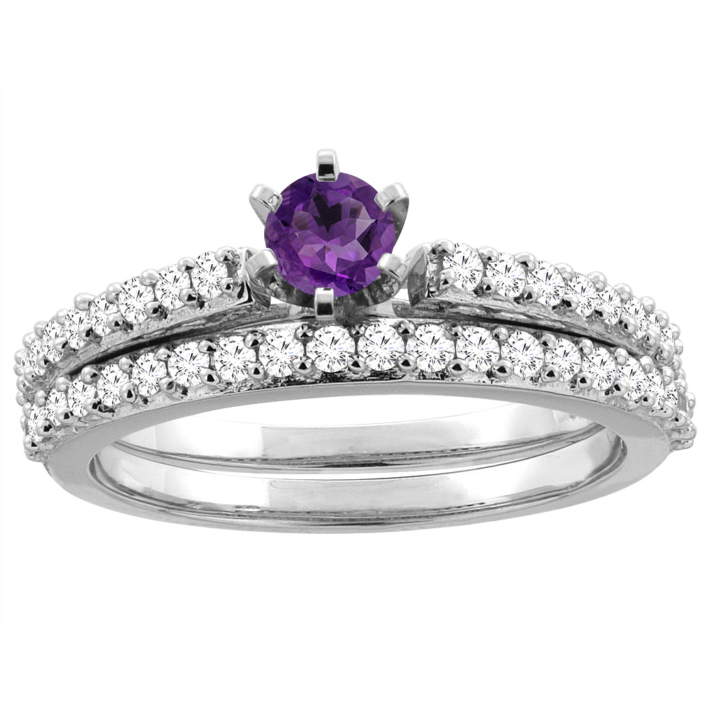 10K White Gold Genuine Amethyst 2-piece Bridal Ring Set Round 4mm sizes 5 - 10