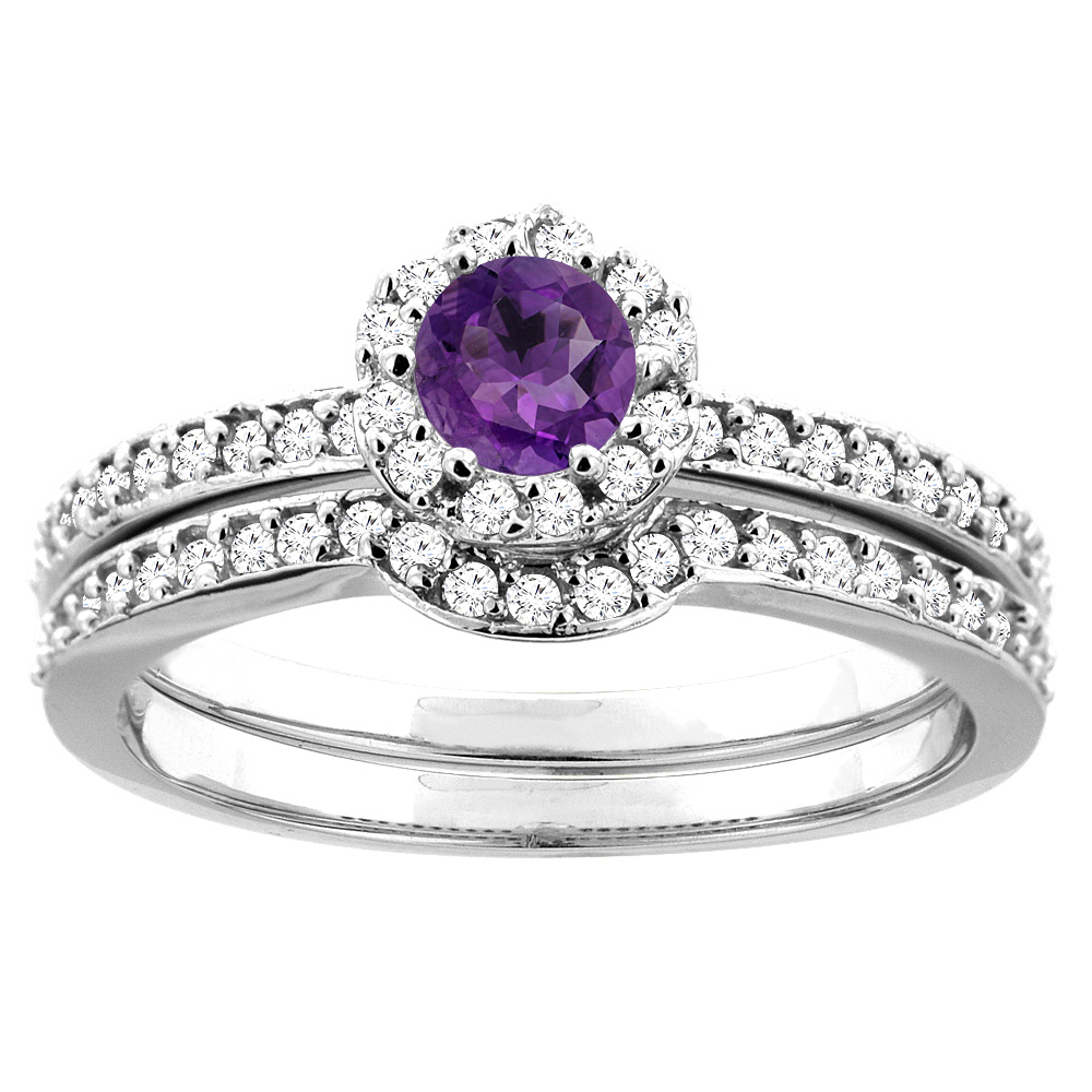 10K White Gold Genuine Amethyst 2-pc Bridal Ring Set Diamond Accent Round 4mm sizes 5 - 10