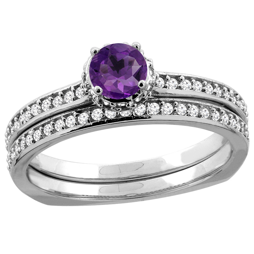 14K Yellow Gold Diamond Natural Amethyst 2-pc Bridal Ring Set Round 4mm, sizes 5 - 10