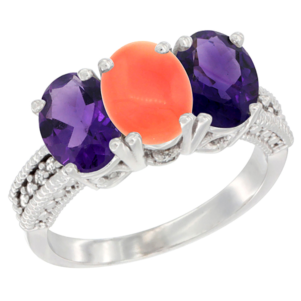 14K White Gold Natural Coral &amp; Amethyst Ring 3-Stone 7x5 mm Oval Diamond Accent, sizes 5 - 10