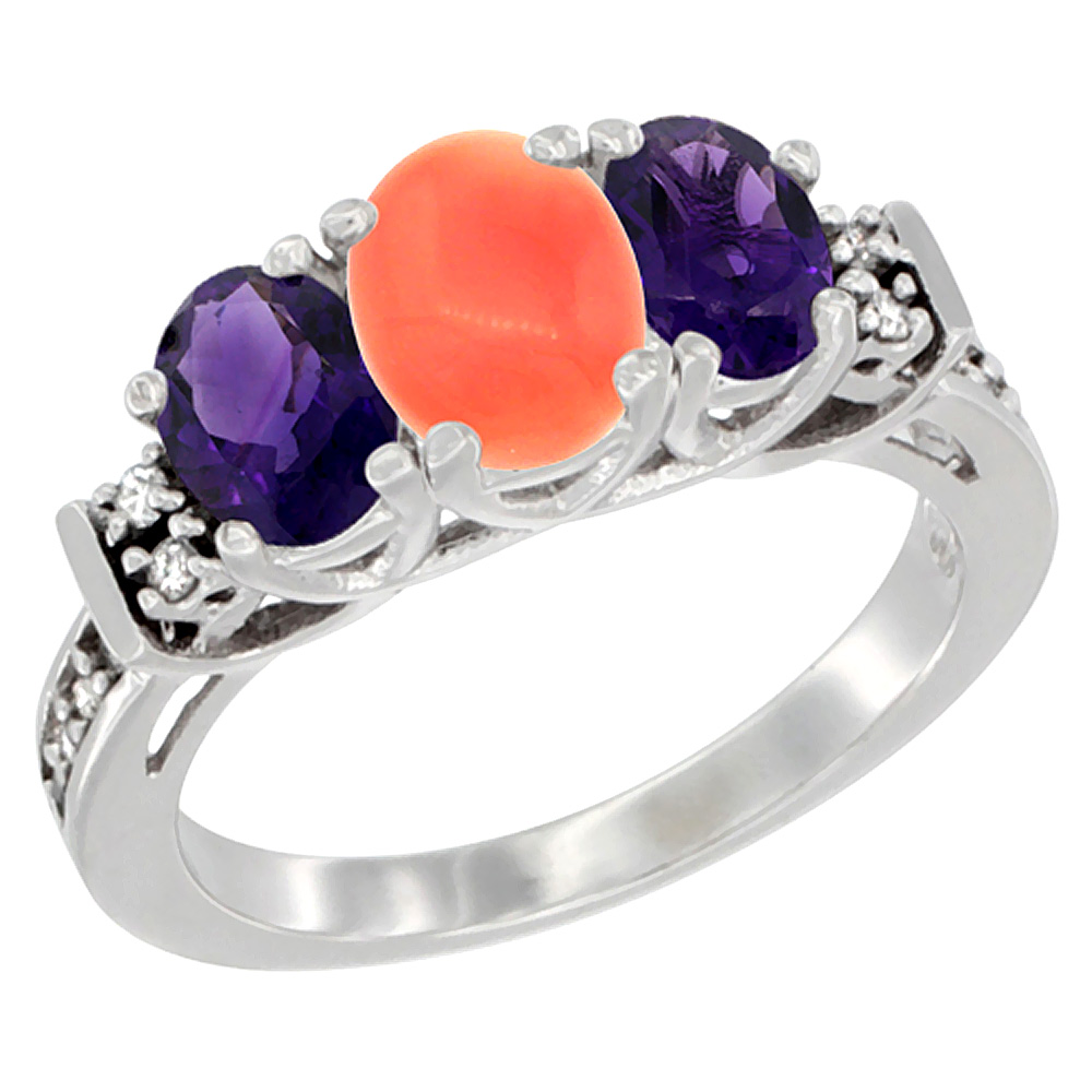 14K White Gold Natural Coral &amp; Amethyst Ring 3-Stone Oval Diamond Accent, sizes 5-10