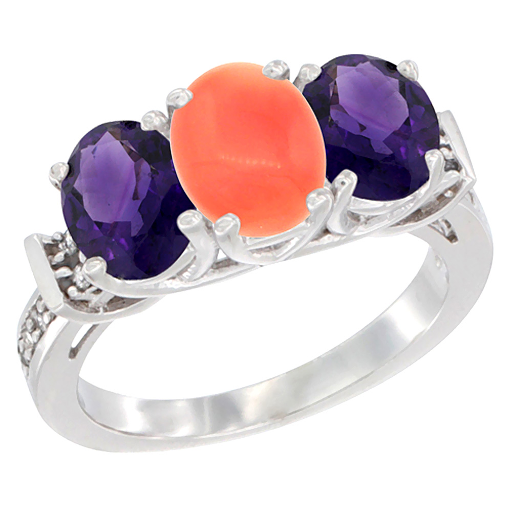 14K White Gold Natural Coral &amp; Amethyst Sides Ring 3-Stone Oval Diamond Accent, sizes 5 - 10