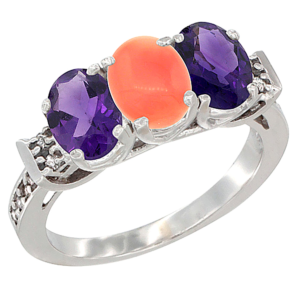14K White Gold Natural Coral & Amethyst Sides Ring 3-Stone 7x5 mm Oval Diamond Accent, sizes 5 - 10