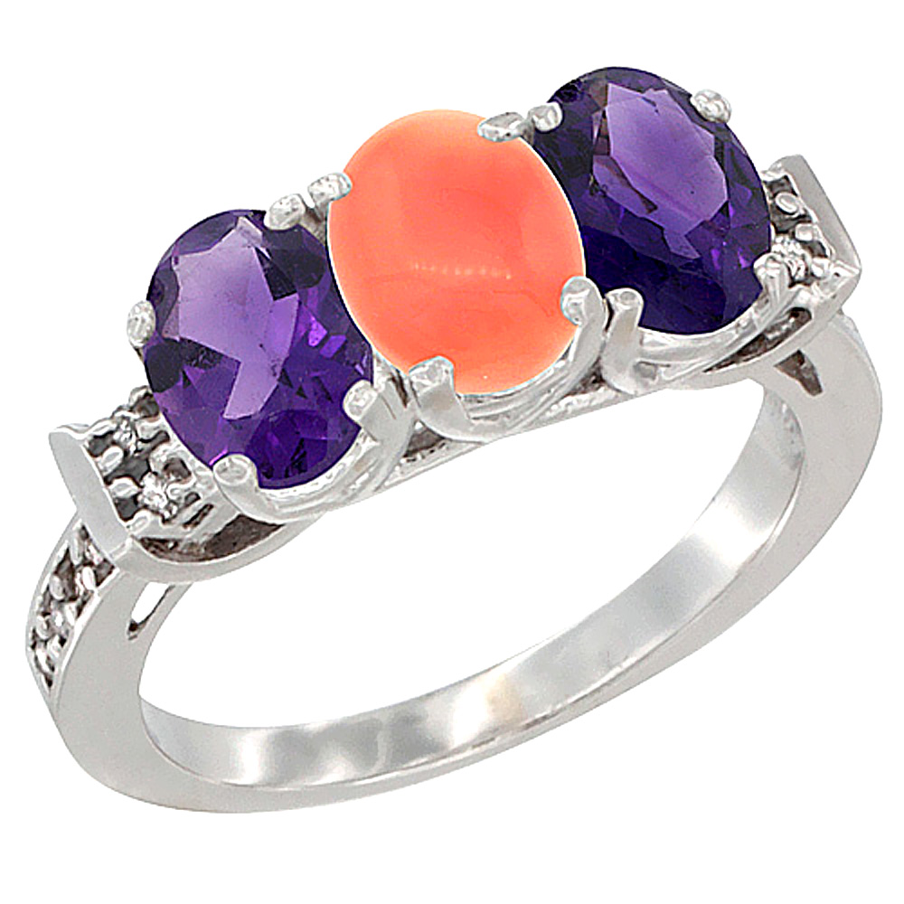 14K White Gold Natural Coral &amp; Amethyst Sides Ring 3-Stone 7x5 mm Oval Diamond Accent, sizes 5 - 10