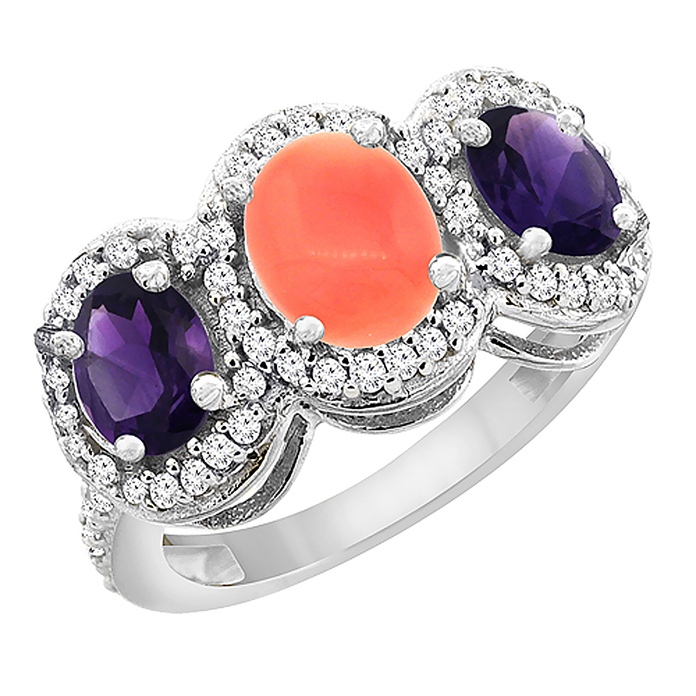 14K White Gold Natural Coral &amp; Amethyst 3-Stone Ring Oval Diamond Accent, sizes 5 - 10