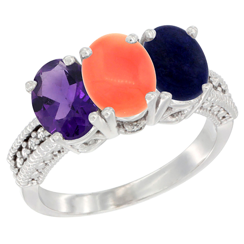 14K White Gold Natural Amethyst, Coral &amp; Lapis Ring 3-Stone 7x5 mm Oval Diamond Accent, sizes 5 - 10