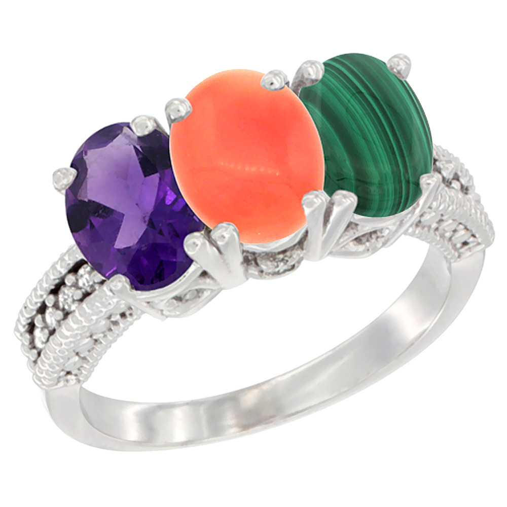 14K White Gold Natural Amethyst, Coral & Malachite Ring 3-Stone 7x5 mm Oval Diamond Accent, sizes 5 - 10