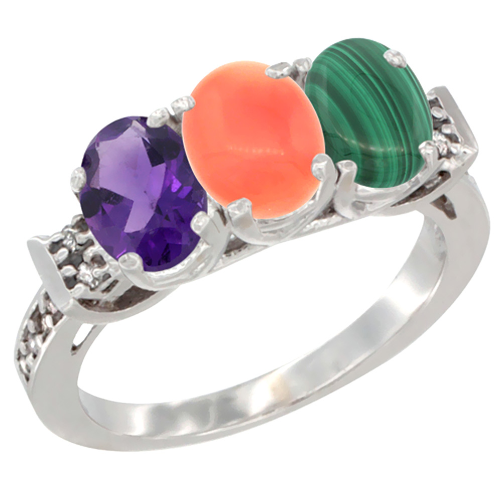 14K White Gold Natural Amethyst, Coral &amp; Malachite Ring 3-Stone 7x5 mm Oval Diamond Accent, sizes 5 - 10