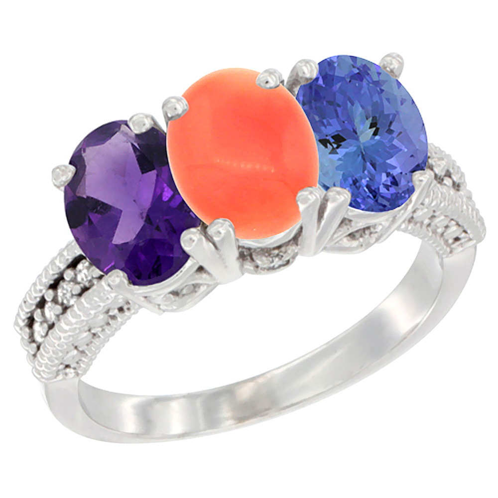 14K White Gold Natural Amethyst, Coral &amp; Tanzanite Ring 3-Stone 7x5 mm Oval Diamond Accent, sizes 5 - 10