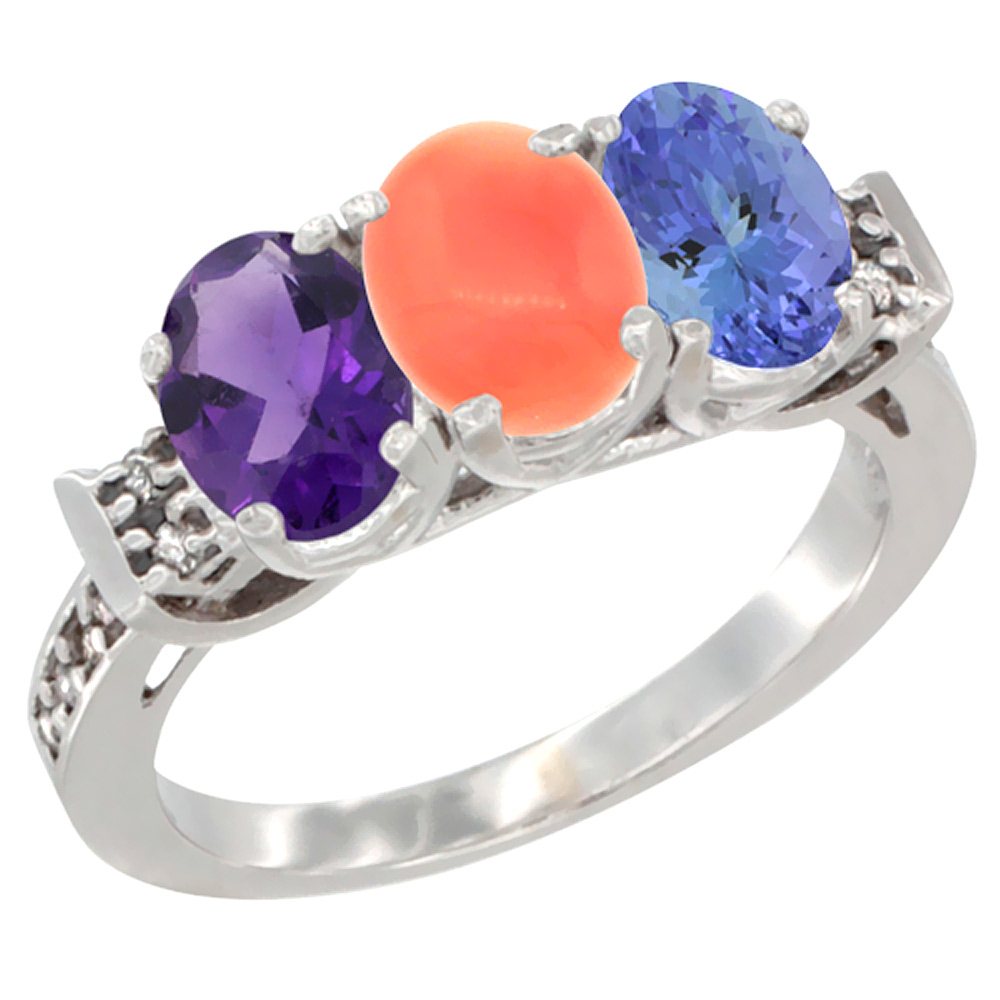 10K White Gold Natural Amethyst, Coral & Tanzanite Ring 3-Stone Oval 7x5 mm Diamond Accent, sizes 5 - 10