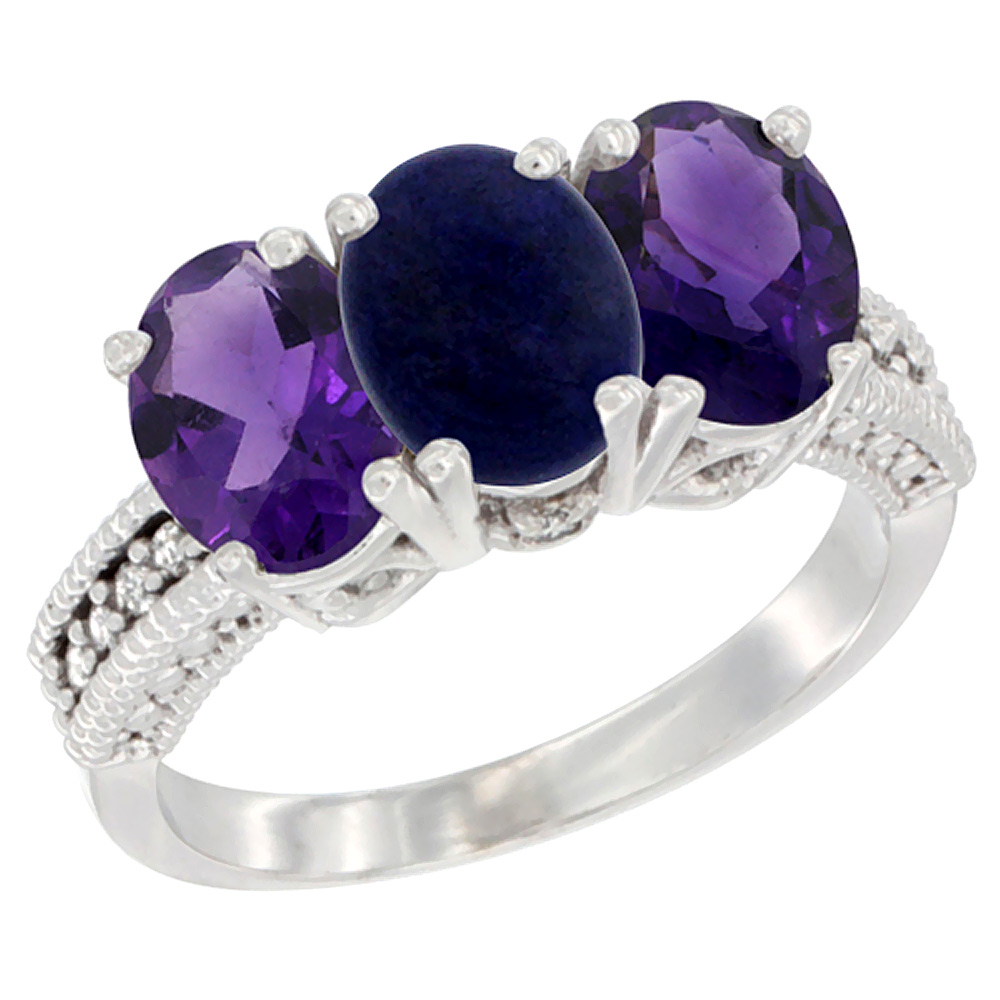 10K White Gold Natural Lapis & Amethyst Sides Ring 3-Stone Oval 7x5 mm Diamond Accent, sizes 5 - 10