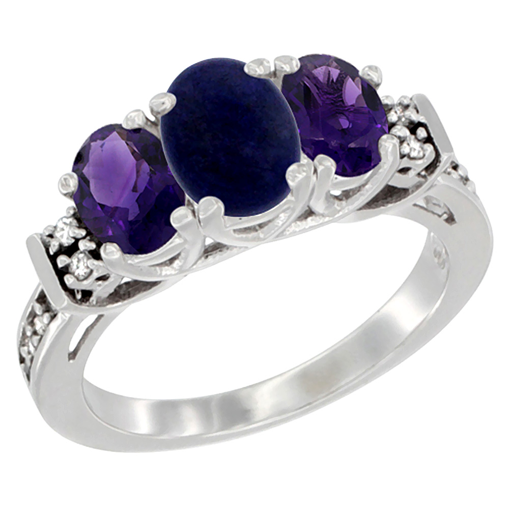 10K White Gold Natural Lapis &amp; Amethyst Ring 3-Stone Oval Diamond Accent, sizes 5-10