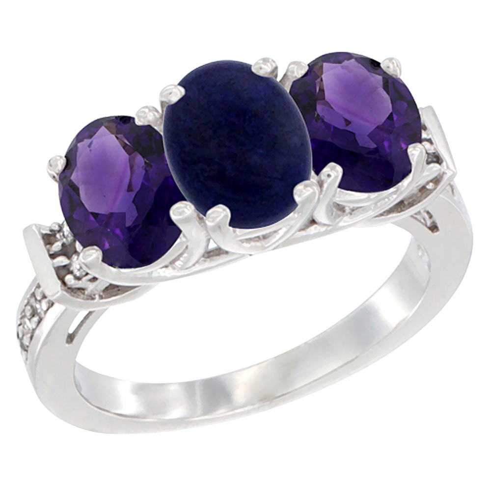 14K White Gold Natural Lapis &amp; Amethyst Sides Ring 3-Stone Oval Diamond Accent, sizes 5 - 10