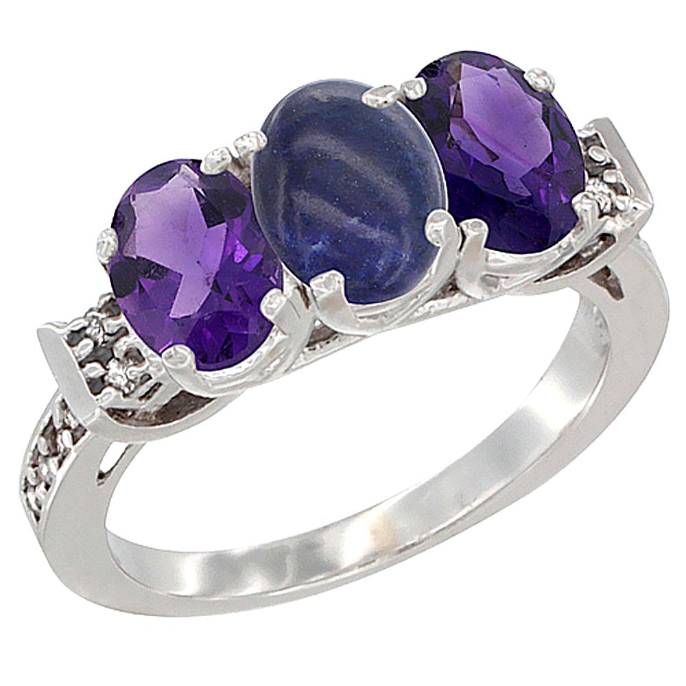 14K White Gold Natural Lapis & Amethyst Sides Ring 3-Stone 7x5 mm Oval Diamond Accent, sizes 5 - 10