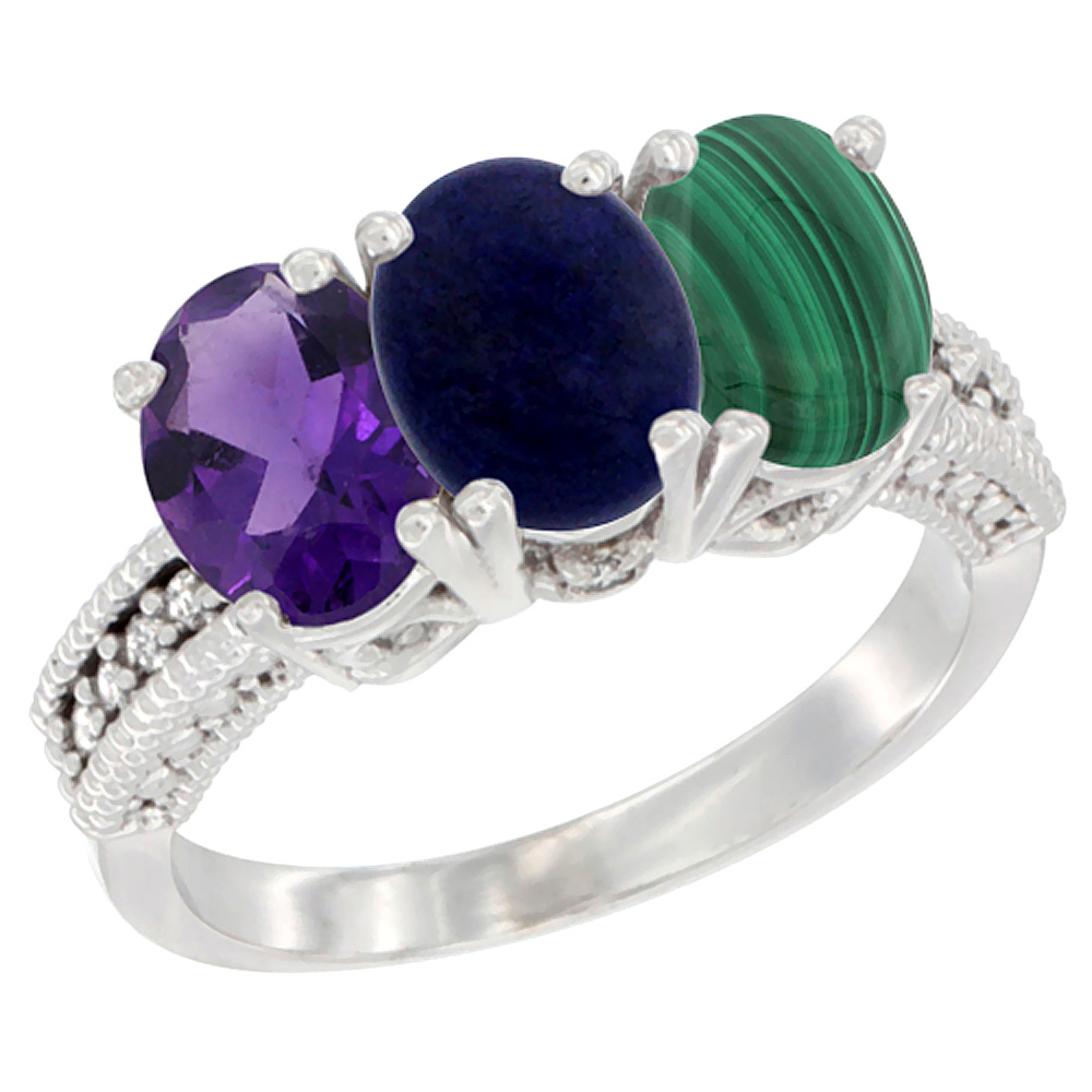 14K White Gold Natural Amethyst, Lapis & Malachite Ring 3-Stone 7x5 mm Oval Diamond Accent, sizes 5 - 10