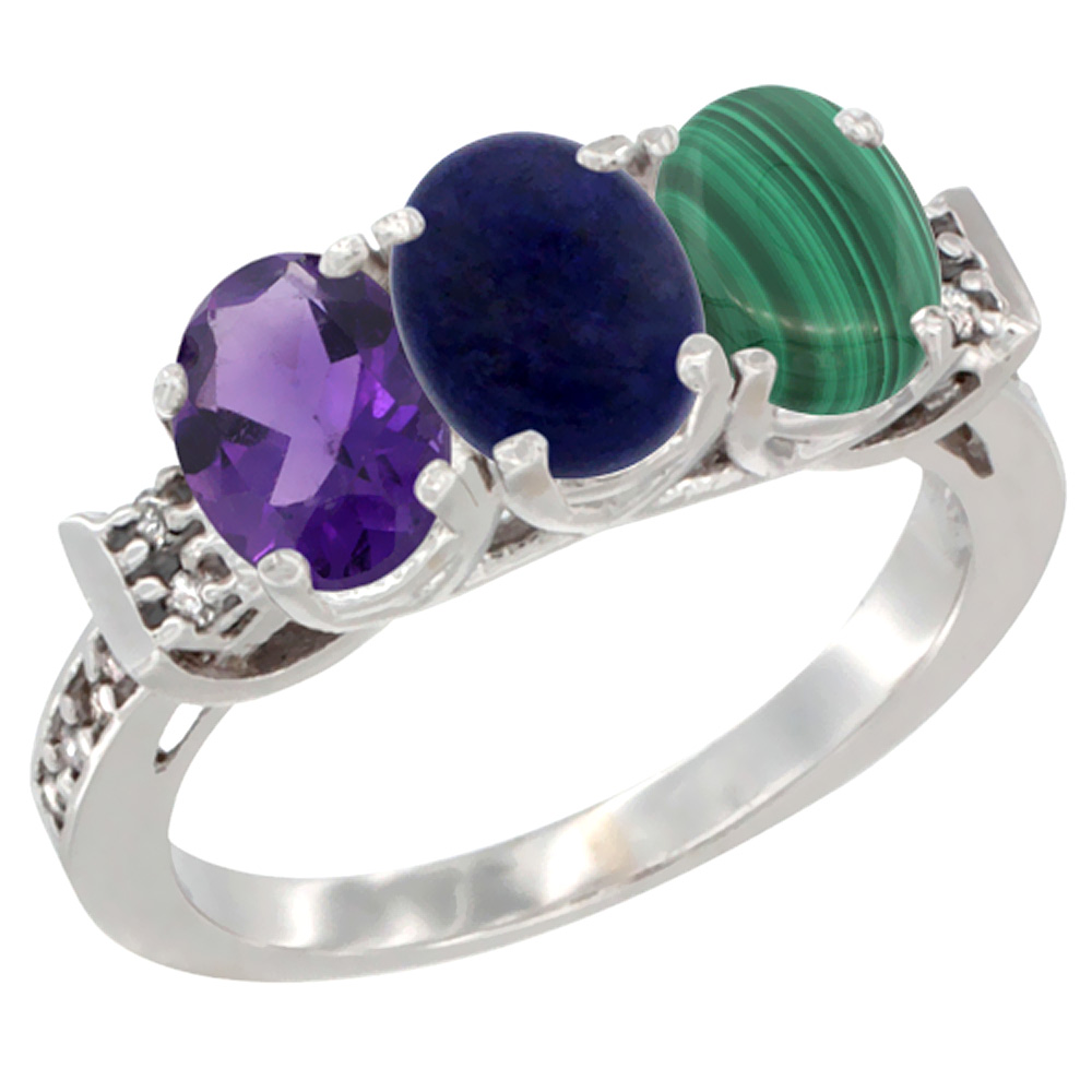 14K White Gold Natural Amethyst, Lapis & Malachite Ring 3-Stone 7x5 mm Oval Diamond Accent, sizes 5 - 10