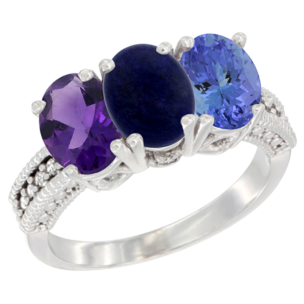 14K White Gold Natural Amethyst, Lapis & Tanzanite Ring 3-Stone 7x5 mm Oval Diamond Accent, sizes 5 - 10