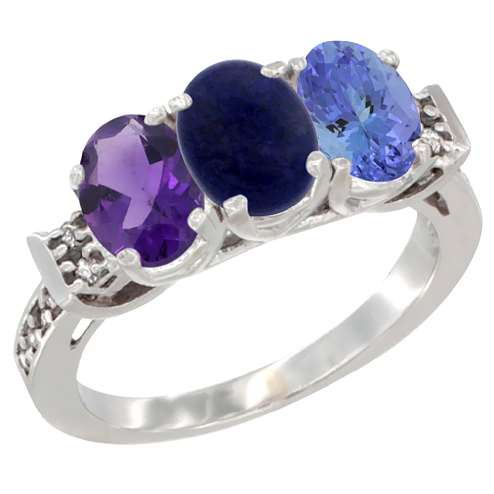 14K White Gold Natural Amethyst, Lapis & Tanzanite Ring 3-Stone 7x5 mm Oval Diamond Accent, sizes 5 - 10