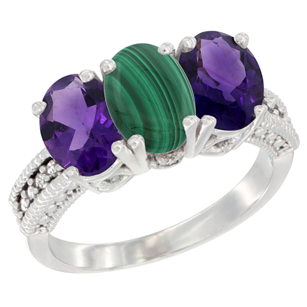 10K White Gold Natural Malachite &amp; Amethyst Sides Ring 3-Stone Oval 7x5 mm Diamond Accent, sizes 5 - 10