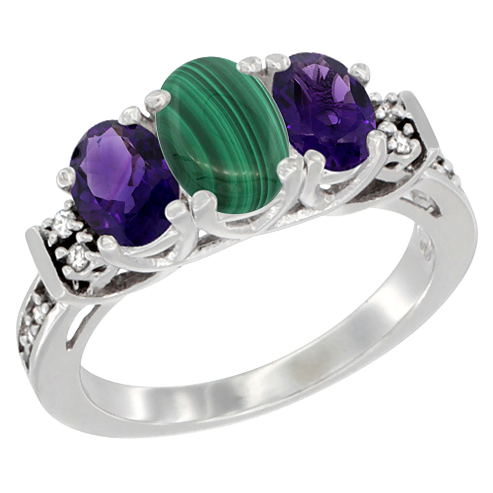 14K White Gold Natural Malachite & Amethyst Ring 3-Stone Oval Diamond Accent, sizes 5-10