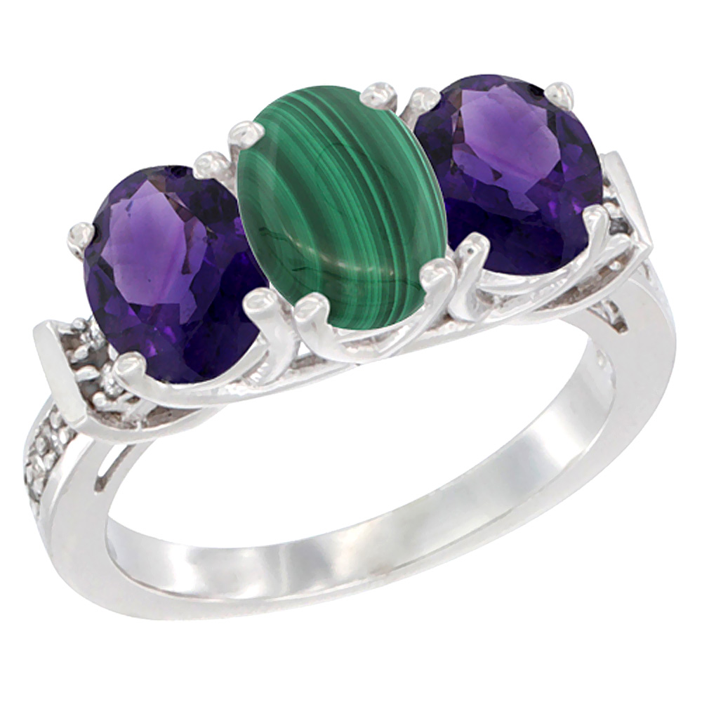 14K White Gold Natural Malachite & Amethyst Sides Ring 3-Stone Oval Diamond Accent, sizes 5 - 10