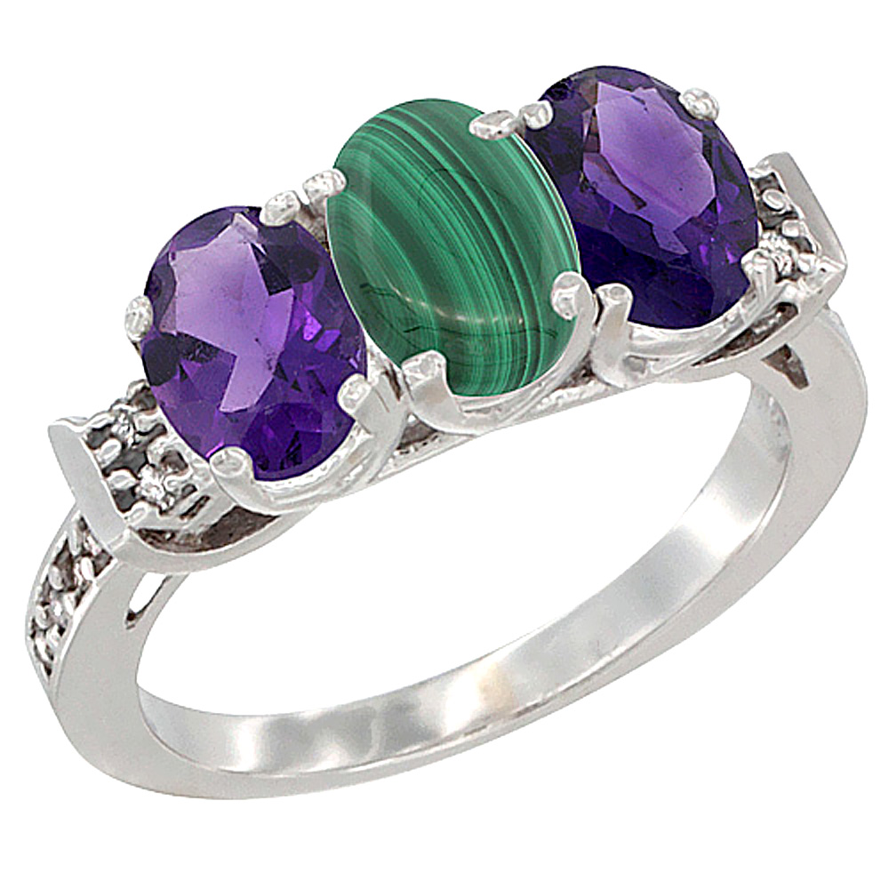 14K White Gold Natural Malachite &amp; Amethyst Sides Ring 3-Stone 7x5 mm Oval Diamond Accent, sizes 5 - 10