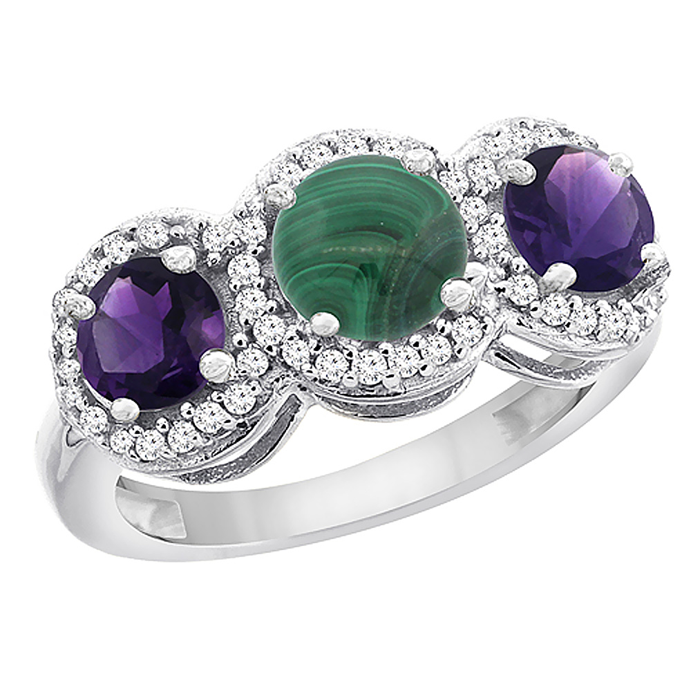 10K White Gold Natural Malachite &amp; Amethyst Sides Round 3-stone Ring Diamond Accents, sizes 5 - 10