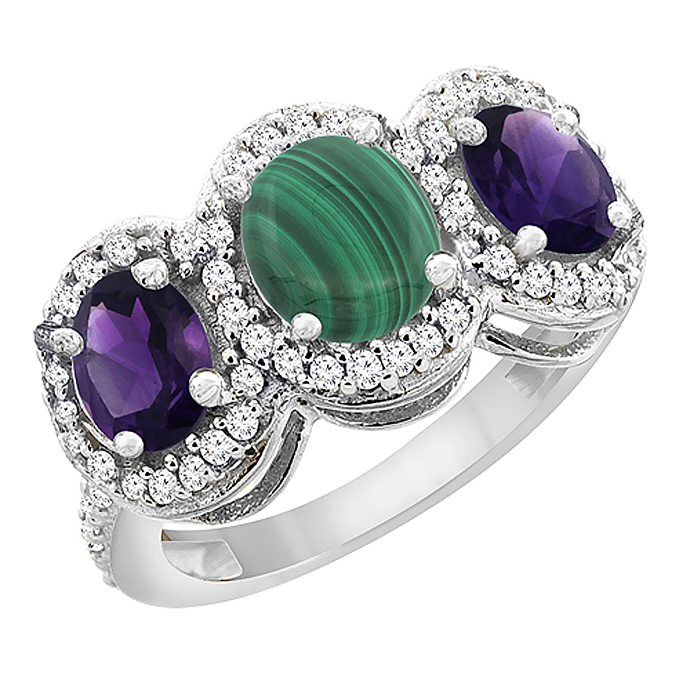 14K White Gold Natural Malachite & Amethyst 3-Stone Ring Oval Diamond Accent, sizes 5 - 10