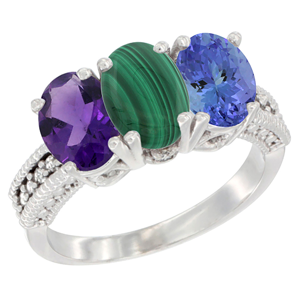 14K White Gold Natural Amethyst, Malachite &amp; Tanzanite Ring 3-Stone 7x5 mm Oval Diamond Accent, sizes 5 - 10