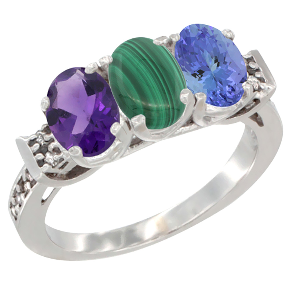 14K White Gold Natural Amethyst, Malachite & Tanzanite Ring 3-Stone 7x5 mm Oval Diamond Accent, sizes 5 - 10