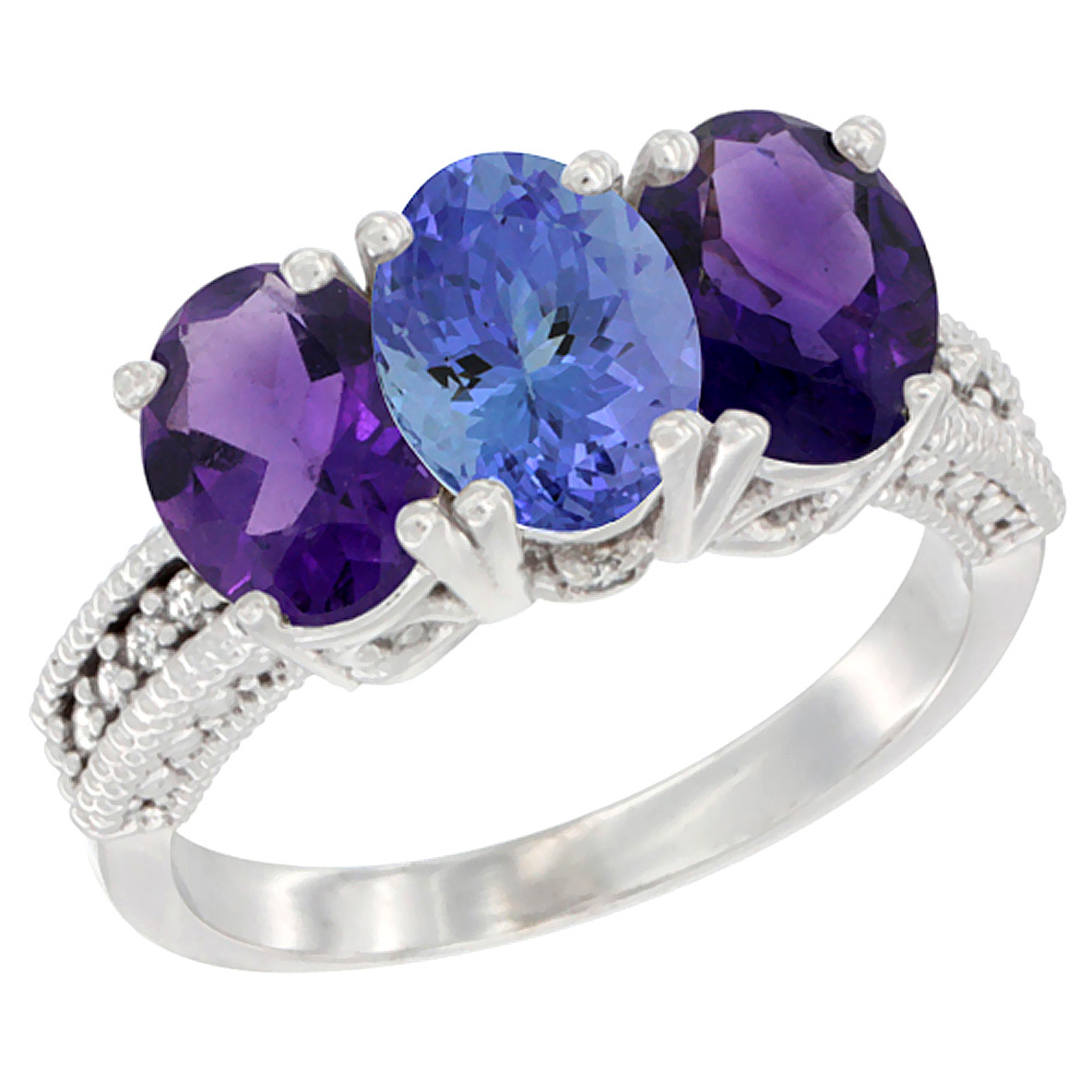 10K White Gold Natural Tanzanite &amp; Amethyst Sides Ring 3-Stone Oval 7x5 mm Diamond Accent, sizes 5 - 10