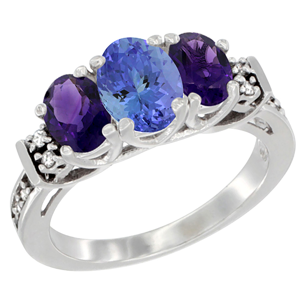 14K White Gold Natural Tanzanite & Amethyst Ring 3-Stone Oval Diamond Accent, sizes 5-10