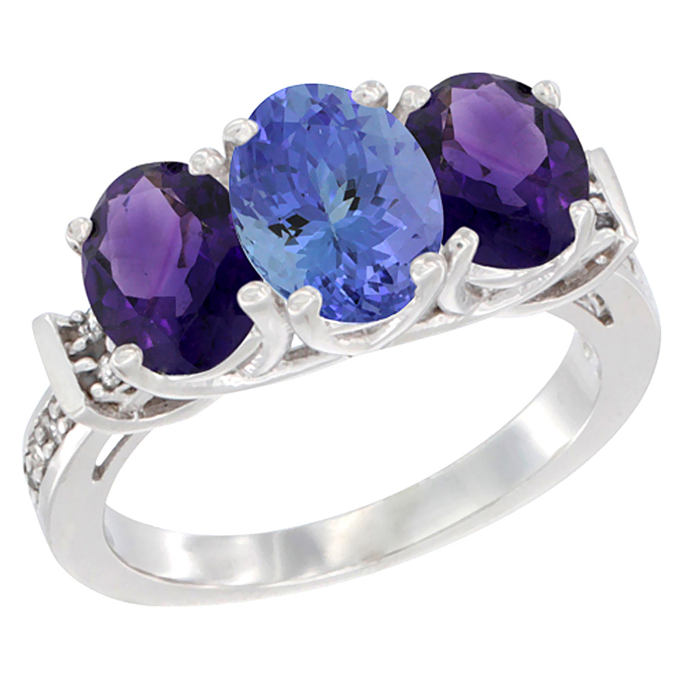 10K White Gold Natural Tanzanite & Amethyst Sides Ring 3-Stone Oval Diamond Accent, sizes 5 - 10