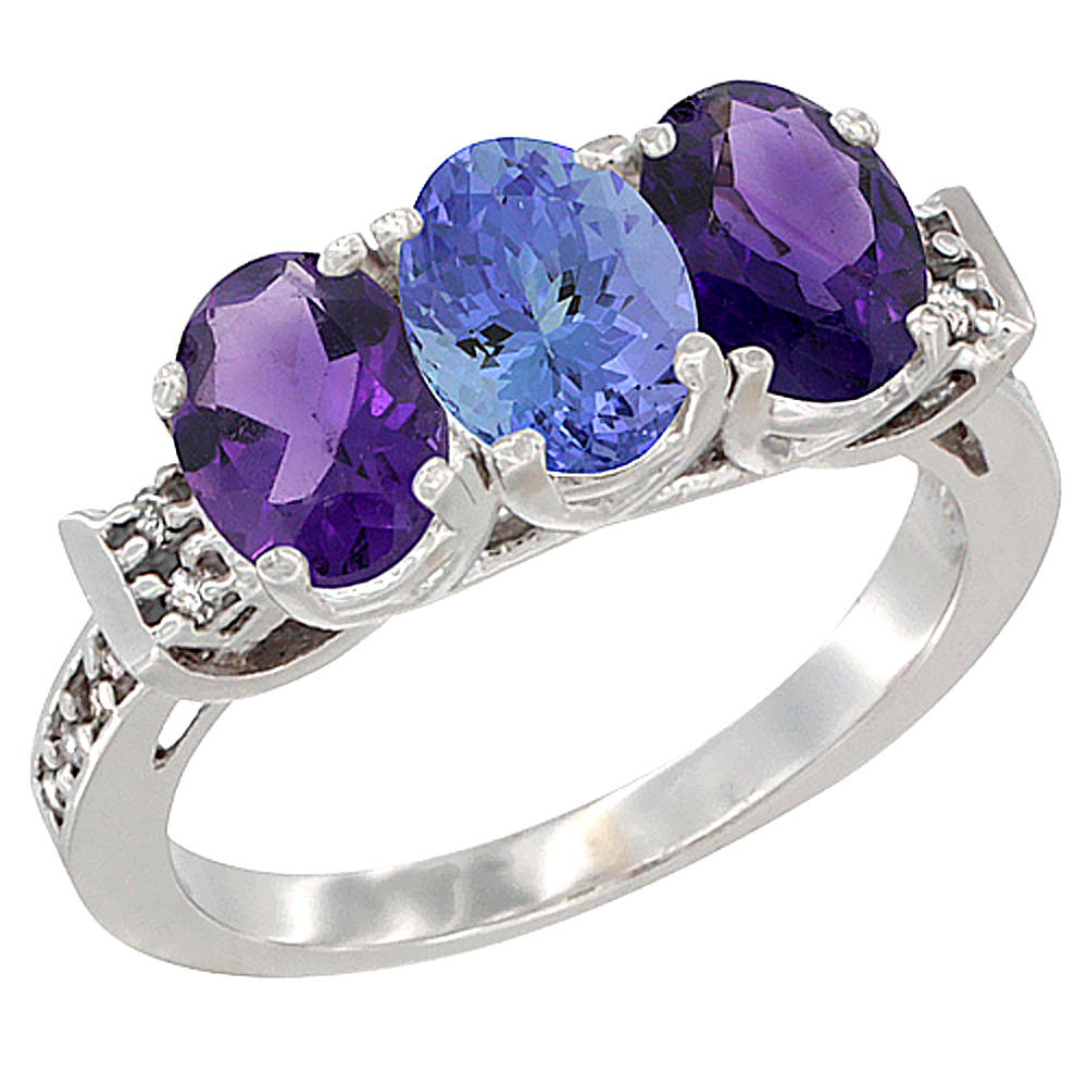 14K White Gold Natural Tanzanite &amp; Amethyst Sides Ring 3-Stone 7x5 mm Oval Diamond Accent, sizes 5 - 10