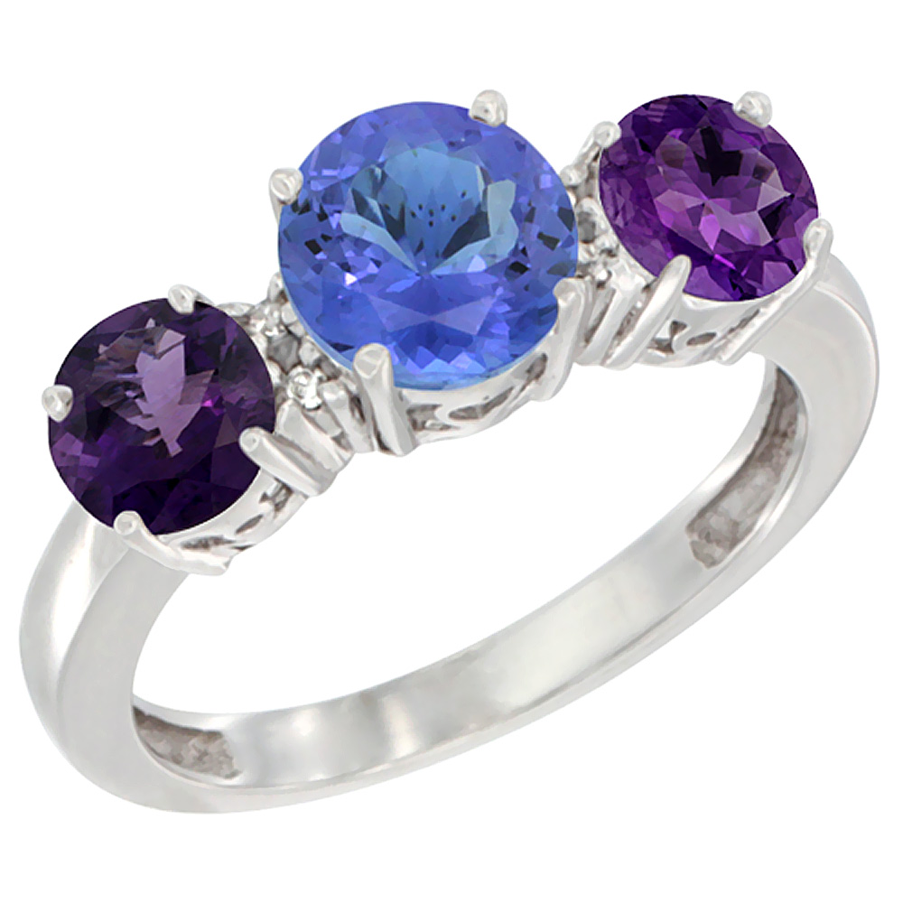 14K White Gold Round 3-Stone Natural Tanzanite Ring &amp; Amethyst Sides Diamond Accent, sizes 5 - 10