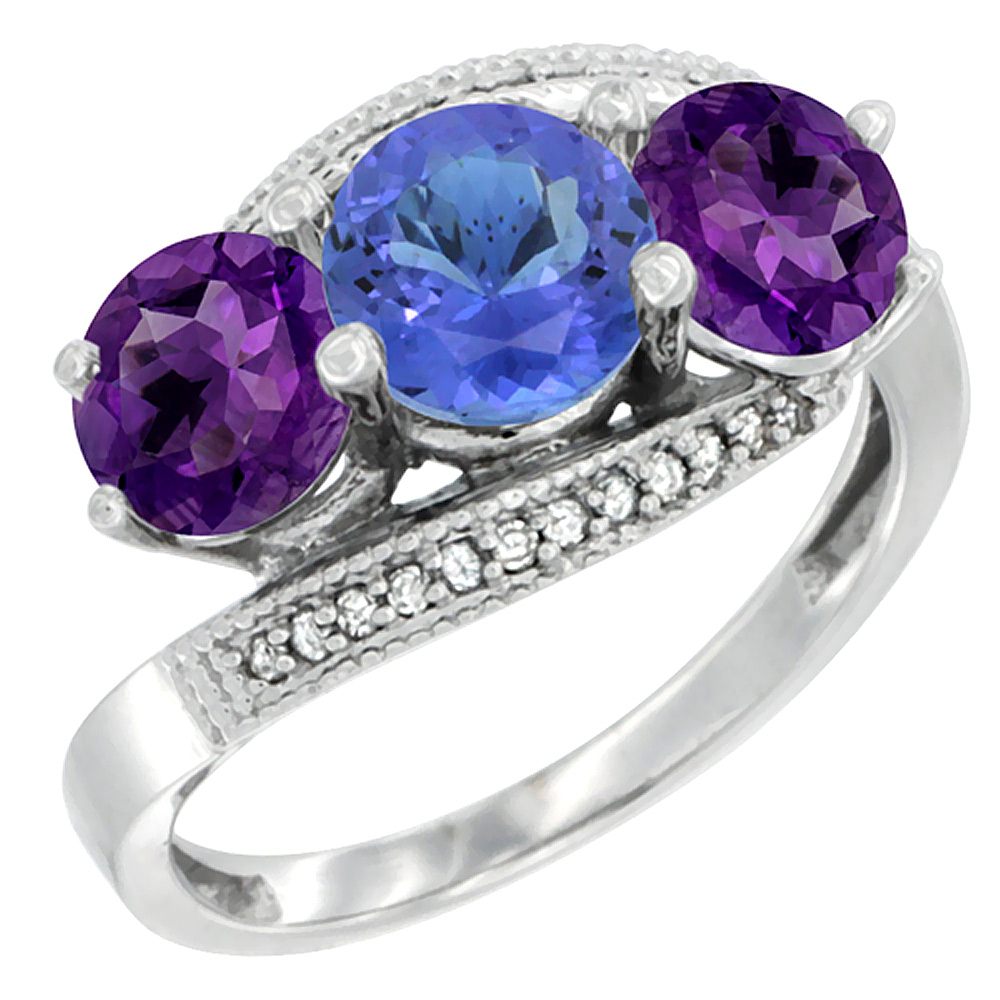 10K White Gold Natural Tanzanite & Amethyst Sides 3 stone Ring Round 6mm Diamond Accent, sizes 5 - 10