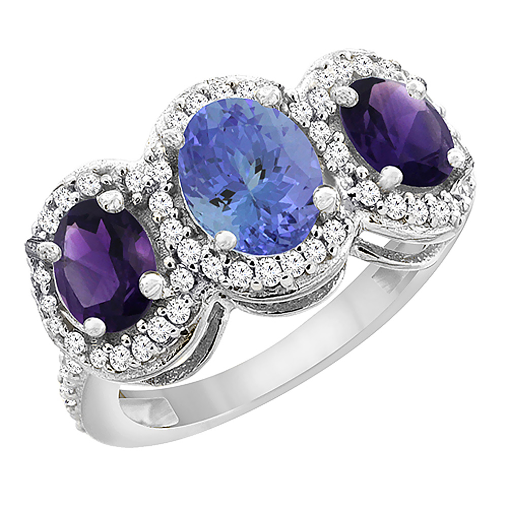 10K White Gold Natural Tanzanite &amp; Amethyst 3-Stone Ring Oval Diamond Accent, sizes 5 - 10