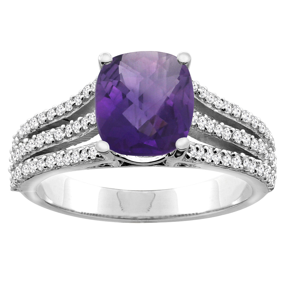 10K Yellow Gold Diamond Natural Amethyst Tri-split Ring Cushion-cut 8x6mm, sizes 5 - 10