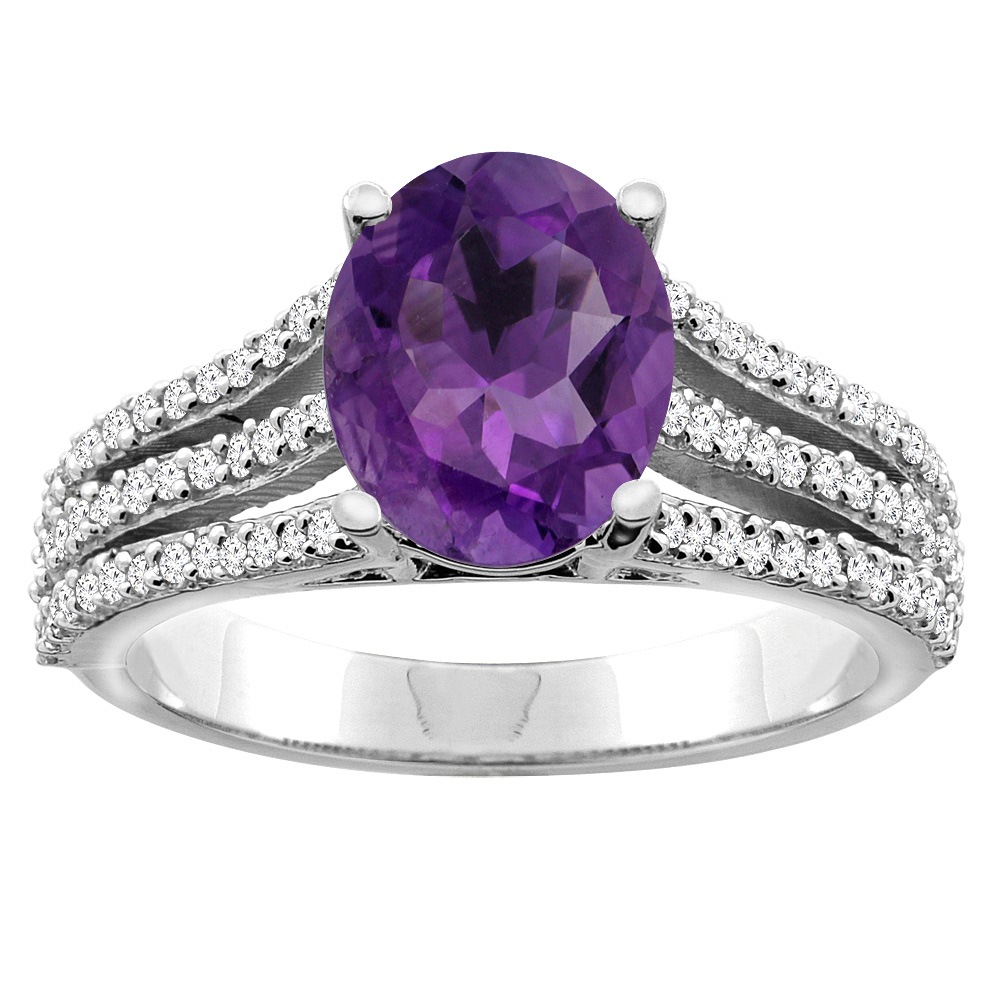 10K White/Yellow Gold Natural Amethyst Tri-split Ring Oval 9x7mm Diamond Accents, sizes 5 - 10