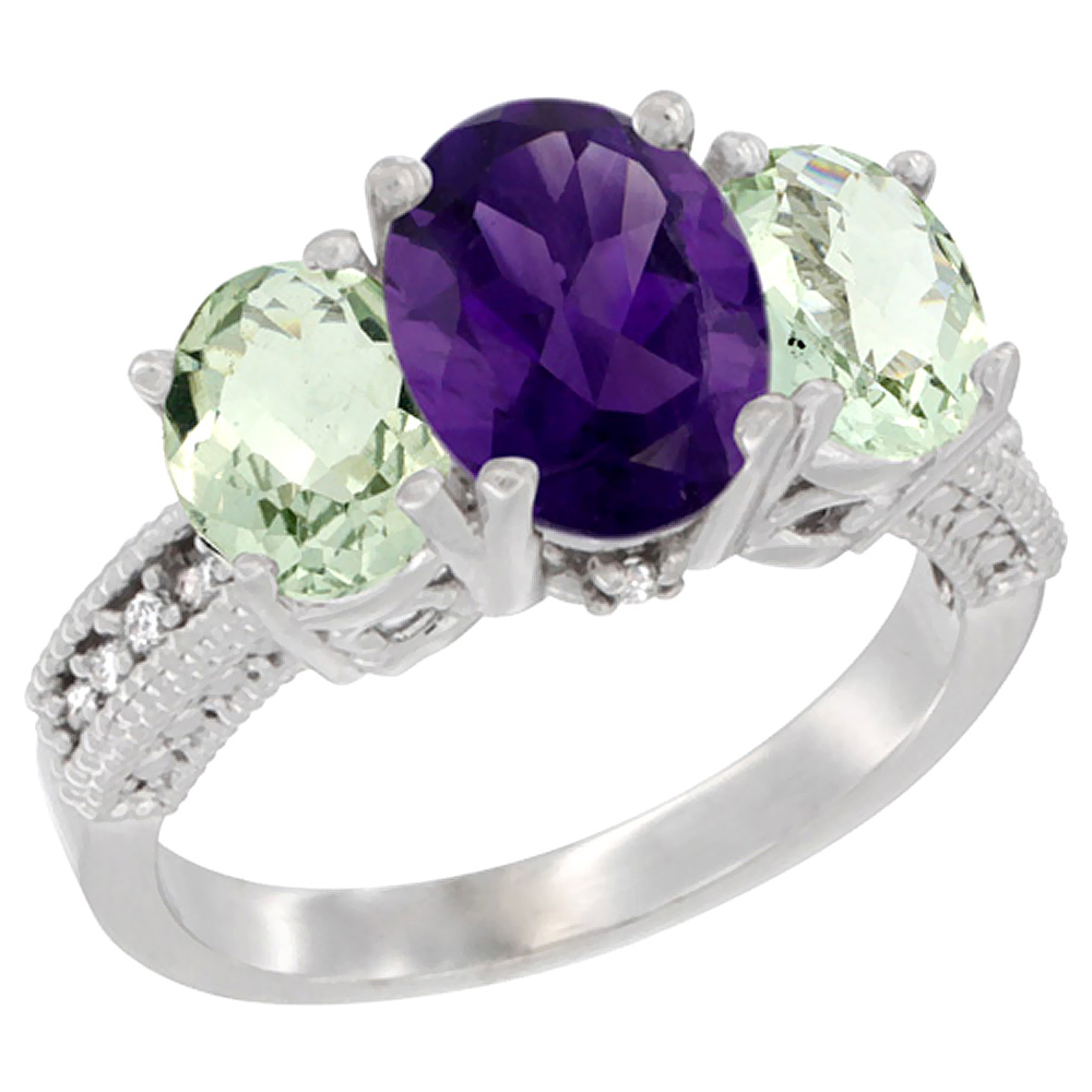 14K White Gold Diamond Natural Amethyst Ring 3-Stone Oval 8x6mm with Green Amethyst, sizes5-10