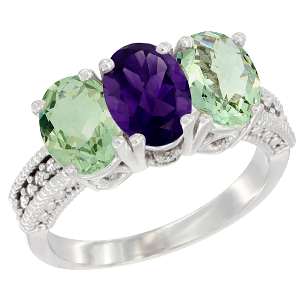 10K White Gold Natural Amethyst &amp; Green Amethyst Sides Ring 3-Stone Oval 7x5 mm Diamond Accent, sizes 5 - 10