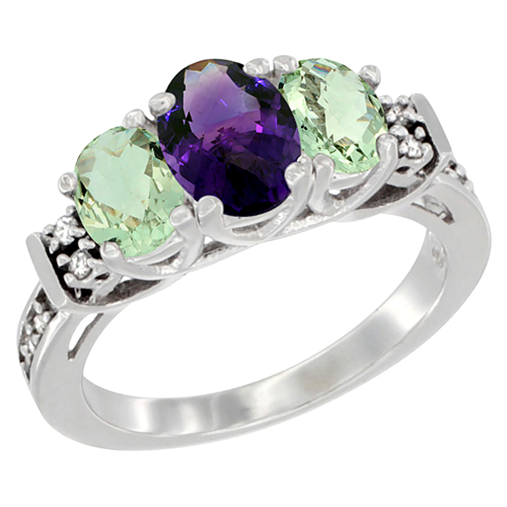 10K White Gold Natural Amethyst &amp; Green Amethyst Ring 3-Stone Oval Diamond Accent, sizes 5-10