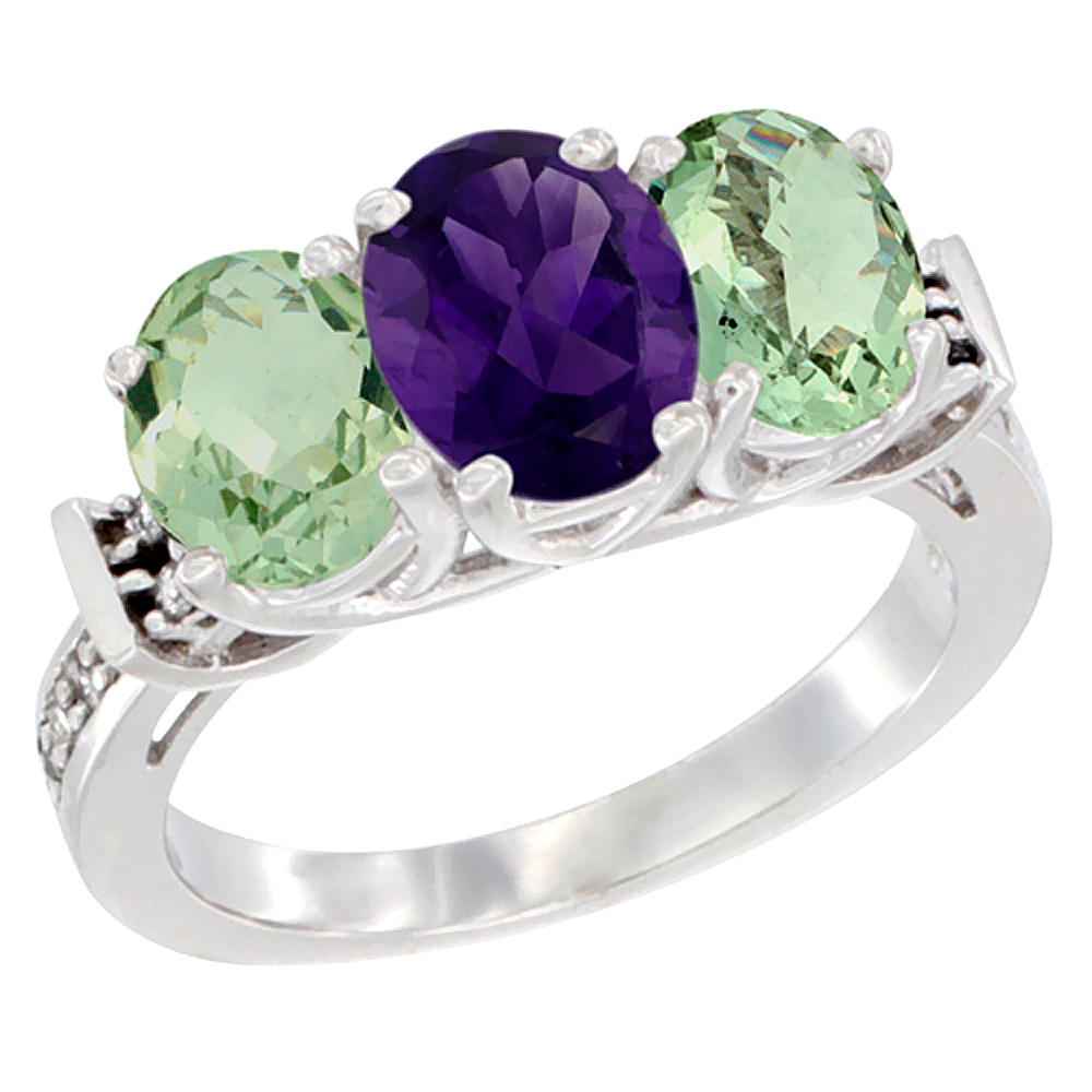 14K White Gold Natural Purple &amp; Green Amethysts Ring 3-Stone Oval Diamond Accent, sizes 5 - 10