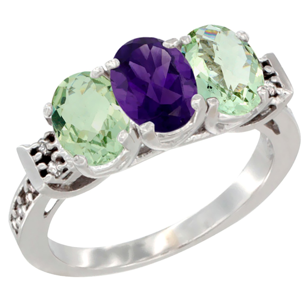 14K White Gold Natural Amethyst &amp; Green Amethyst Sides Ring 3-Stone 7x5 mm Oval Diamond Accent, sizes 5 - 10