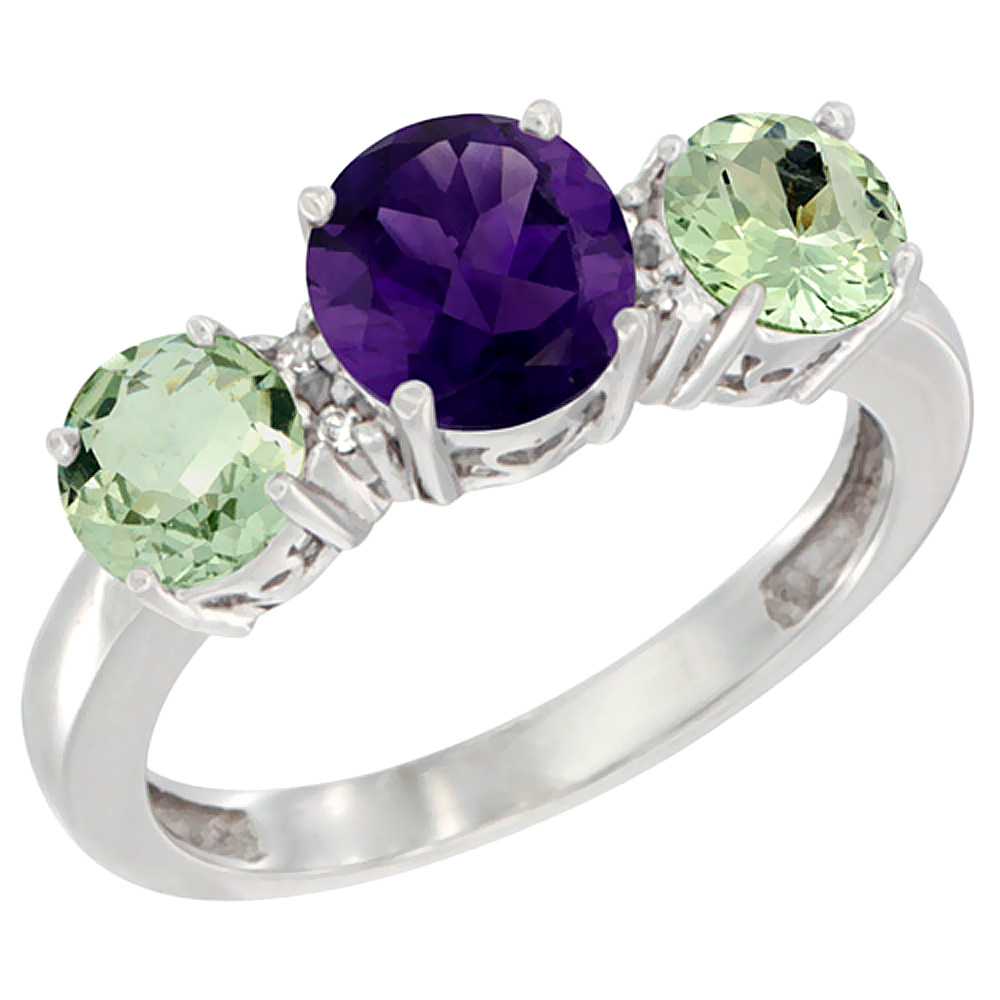 10K White Gold Round 3-Stone Natural Amethyst Ring &amp; Green Amethyst Sides Diamond Accent, sizes 5 - 10