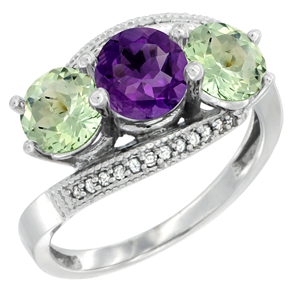 14K White Gold Natural Purple &amp; Green Amethyst Sides 3 stone Ring Round 6mm Diamond Accent, sizes 5 - 10