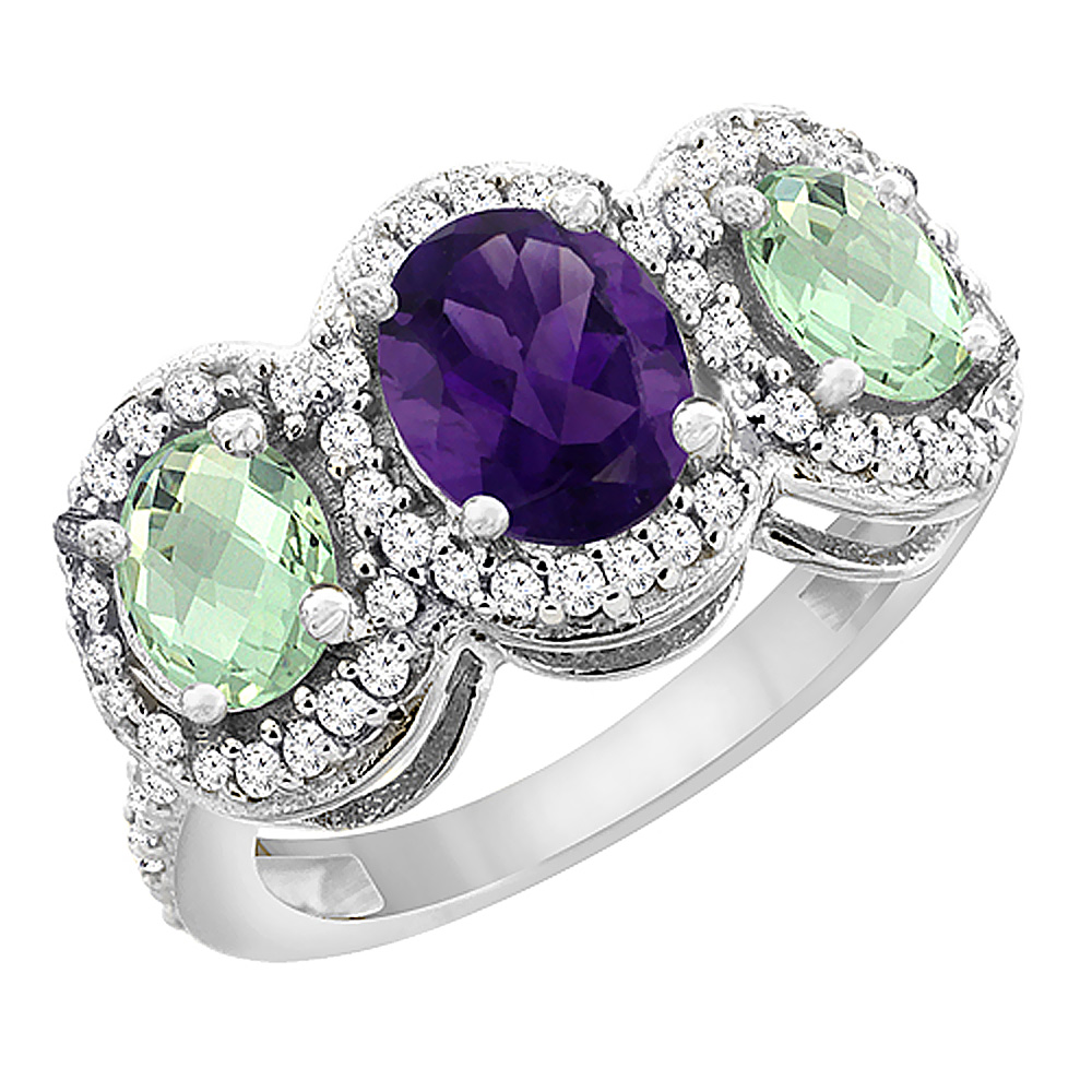 10K White Gold Natural Amethyst & Green Amethyst 3-Stone Ring Oval Diamond Accent, sizes 5 - 10