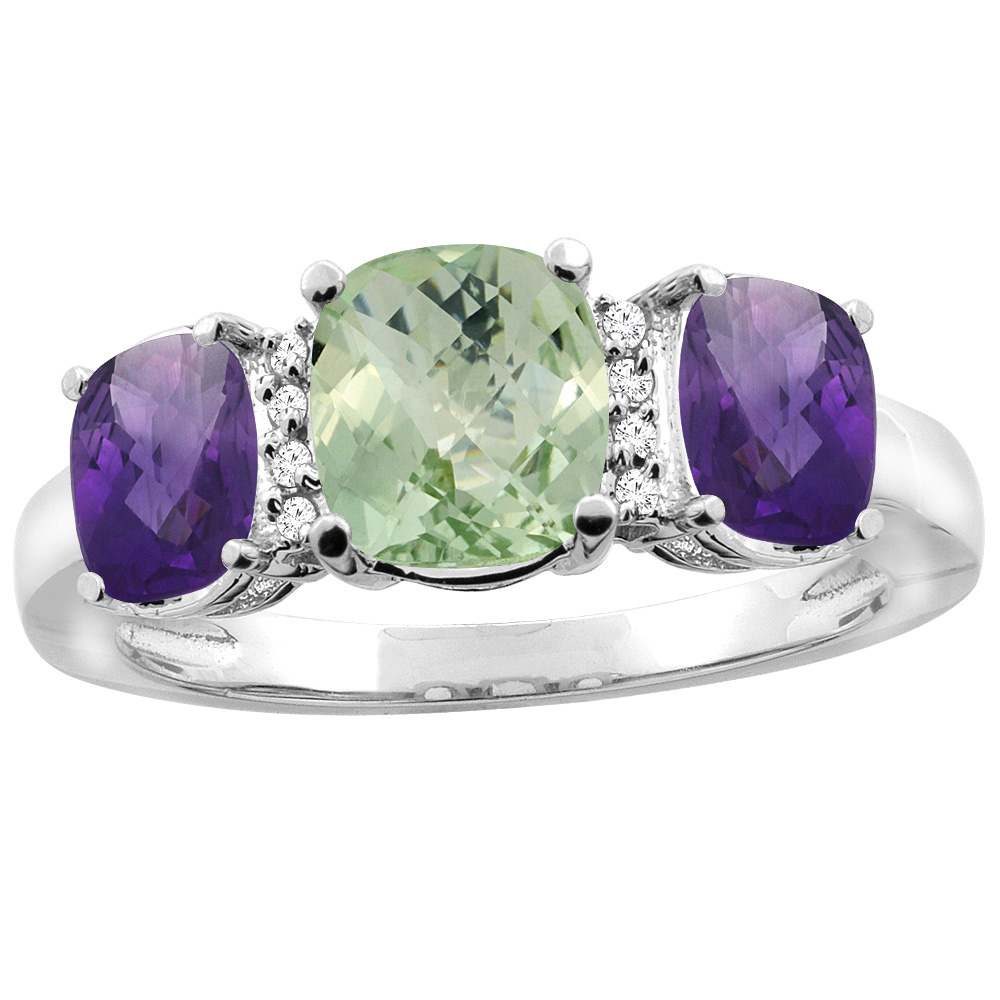 14K Yellow Gold Natural Green Amethyst &amp; Amethyst 3-stone Ring Cushion 8x6mm Diamond Accent, sizes 5 - 10