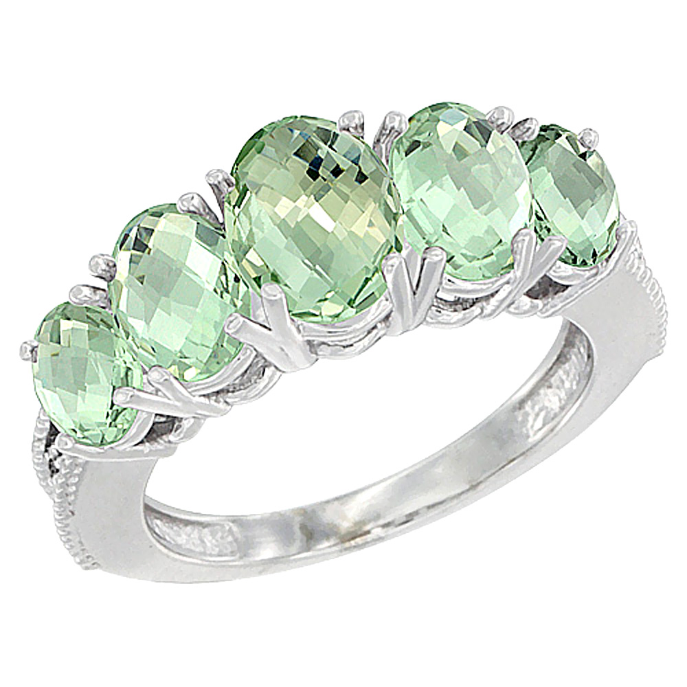 10K White Gold Diamond Natural Green Amethyst Ring 5-stone Oval 8x6 Ctr,7x5,6x4 sides, sizes 5 - 10